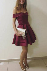 Burgundy Elegant Off the Shoulder Short Graduation Dress Homecoming Dress PD123