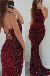 Long Mermaid Sleeveless Sequins Backless Formal Prom Dresses
