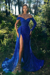Off The Shoulder Long Sleeve Royal Blue Sparkling Sequin Evening Gown with Daring Slit