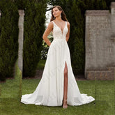 Wedding Dresses Vintage A Line Boho Lace V Neck Split Sleeveless Bridal Gown Vestidos De Novia Backless Appliques Women