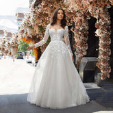 Wedding Dress A Line Removable Long Sleeve Bride Elegant Open Back Lace Bridal Gown Applique Tulle Vestido De Noiva