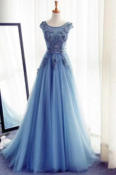 Stunning Long A-line Jewel Sleeveless Lace Tulle Prom Dress