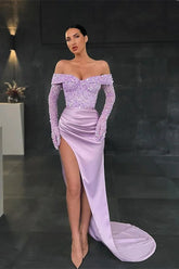 Charming Long Mermaid Off-the-shoulder Long Sleeves Lace Prom Dress With Slit