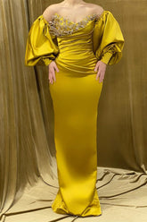 Charming Long Sweetheart Rhinestone Satin Mermaid Prom Dress With Long Sleeves