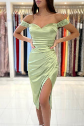 Sage Short Mermaid Off the Shoulder Satin Prom Dresses with Slit