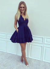 Short A-line V-neck Lace Prom Dresses with Pockets