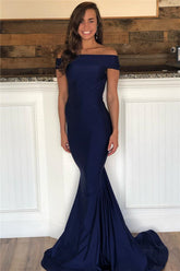 Vestido de fiesta azul marino oscuro elegante, largo, de sirena, con hombros descubiertos y espalda descubierta