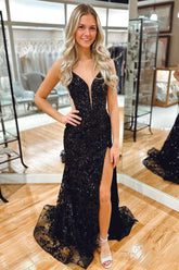 Vestido de fiesta de sirena con abertura alta y espalda cruzada, con apliques de encaje negro, cósmico