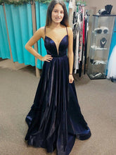 Dark Navy Long A-line V-neck Satin Open Back Formal Graduation Prom Dresses