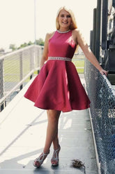 Dark Red Homecoming Dresses with Pocket Open Back Short Prom Dress PD269