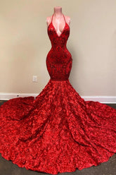 Sexy Deep V Neck Open Back Red Halter Spaghetti Straps Sequin Mermaid Prom Dress