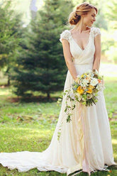 Deep V Neck Cap Sleeve Wedding Dresses Sheer Back Appliques Wedding Gown WD366