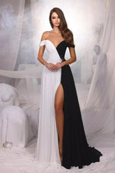 Designer A-Linie Satin Off-The-Shoulder Ärmelloses Ballkleid mit Schlitz vorne