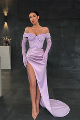 Long Sleeves Mermaid Off the shoulder Satin Sequins Prom Dress With Slit