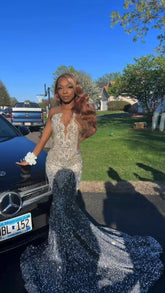 Sparkly Silver Sequins Long Prom Dress Mermaid Evening Dress Y1705