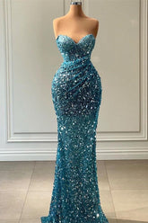 Light Blue Prom Dress with Sweetheart Strapless Neckline Sleeveless Design and Sequin Embellishments