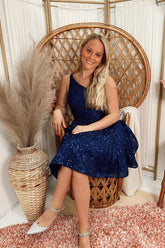 Elegant A-line Blue One Shoulder Sleeveless Short Homecoming Dresses