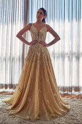 Elegante vestido de fiesta largo con escote en V, apliques de encaje y lentejuelas