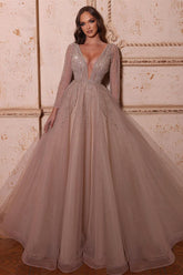 Elegant A-line V-neck Long Sleeves Beading Prom Dress
