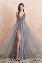 Elegant A-line V-neck Tulle Beading Open Back Prom Dress with Slit