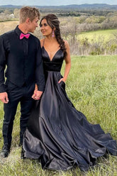 Elegant Black A-line V-neck Long Prom Dresses with Pockets