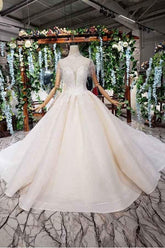 Elegant Cap Sleeves Ball Gown Beading High Neck Wedding Dress WD378