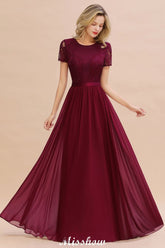 Elegantes Chiffon-Spitzen-Juwelenkleid mit kurzen Ärmeln und bodenlangem A-Linien-Brautjungfernkleid