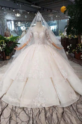 Elegant Half Sleeves Ball Gown Lace Layer Wedding Dress WD380