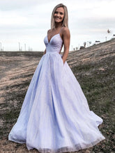 Elegant Long A-line V Neck Backless Satin Tulle Graduation Prom Dresses with Pockets