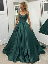Elegant Long A Line V Neck Satin Open Back Formal Graduation Prom Dresses with Pockets