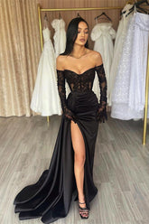 Elegant Long Black Off-the-shoulder Lace Mermaid Prom Dress With Slit