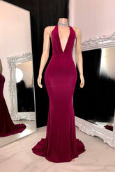 Elegant Long Mermaid Halter Sleeveless V-neck Prom Dress