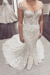 Elegante vestido de novia largo de sirena con hombros descubiertos, apliques de encaje y espalda descubierta