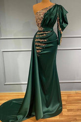 Elegante vestido de fiesta verde oscuro de corte sirena largo con un solo hombro