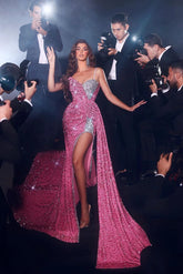 Elegante vestido de fiesta formal de sirena con tirantes finos, lentejuelas y abertura