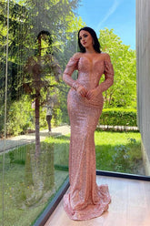 Elegant Long Off-the-shoulder Sequined Mermaid Evening Dresses With Long Sleeves