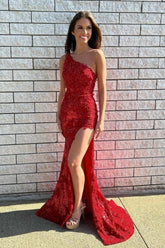 Elegante Lange Rote One-Shoulder Abendkleider Glitter Spitze Ballkleider Mit Schlitz