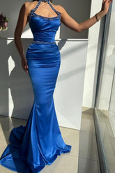 Elegant Long Royal Blue Halter Beading Sleeveless Mermaid Prom Dresses