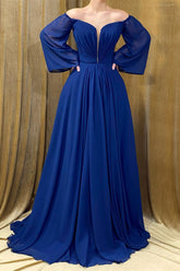 Elegant Long Royal Blue Strapless A-Line Prom Dress With Long Sleeves