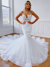 Elegant Mermaid V Neck Backless Lace White Long Wedding Dresses