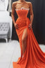 Elegant Orange Strapless Sleeveless Mermaid Floor-Length Satin Prom Dresses with Ruffles