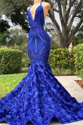 Elegant Royal Blue Halter Floor Length Sleeveless Lace Mermaid Prom Dress