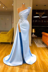 Elegant Sleeveless Evening Dresses Sky Blue Long Prom Dresses With Slit