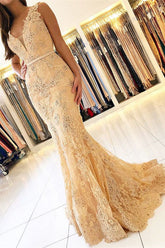 Elegant Sleeveless V-Neck Mermaid Evening Dress with Lace Appliques