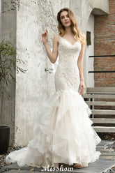Elegant V-Neck Mermaid Bridal Gown Tulle Lace Appliques Puffy Wedding Dress