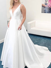 Elegant White A-line V Neck Open Back Satin Long Wedding Dresses with Pockets