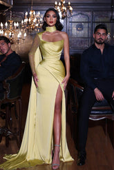 Elegant Yellow One Shoulder Long Sleeve Mermaid Prom Dress With Slit