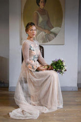 Embroidery A-line Chic Open Back Long Sleeve Sparkly Prom Dress PSK001