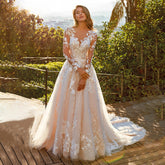Elegant Lace A-line Wedding Dress Full Sleeves Court Train O-neck Buttons Vestido De Novia Bridal Gown Custom Made