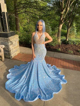 Sexy shimmery blue prom dress sparkling sequin reception dress evening cocktail graduation gown Y471